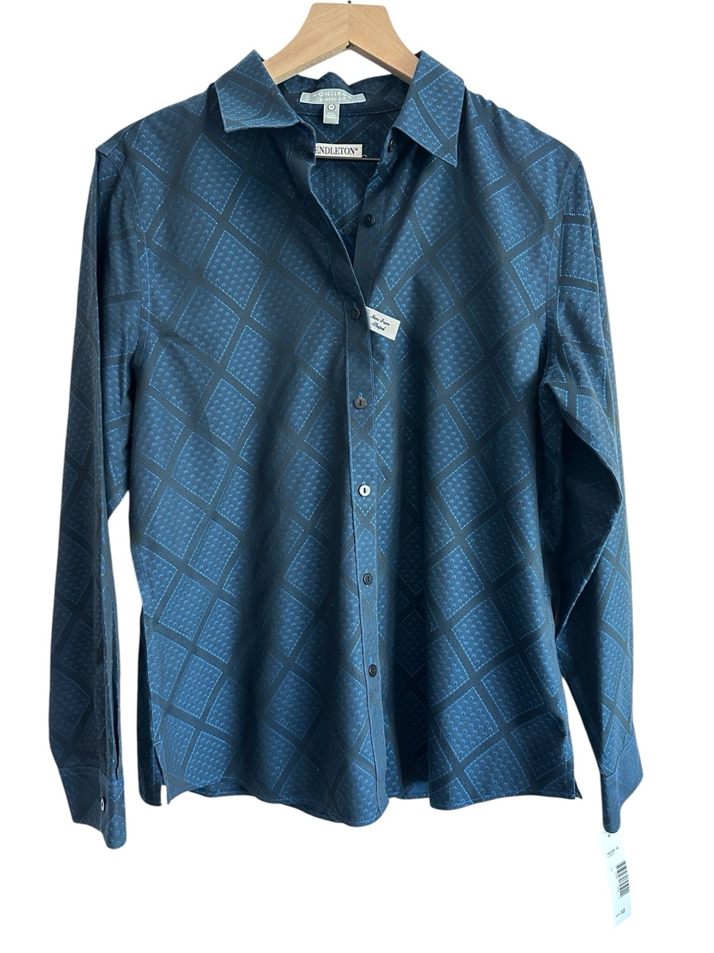 Pendleton Women Shirt 12 Blue Geometric Print Button-Down Shirt Cotton Large New